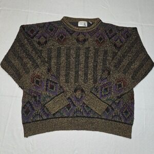 Vintage Penns Landing Mens XL Geo Pattern Wool Blend Cosby Sweater Brown Purple